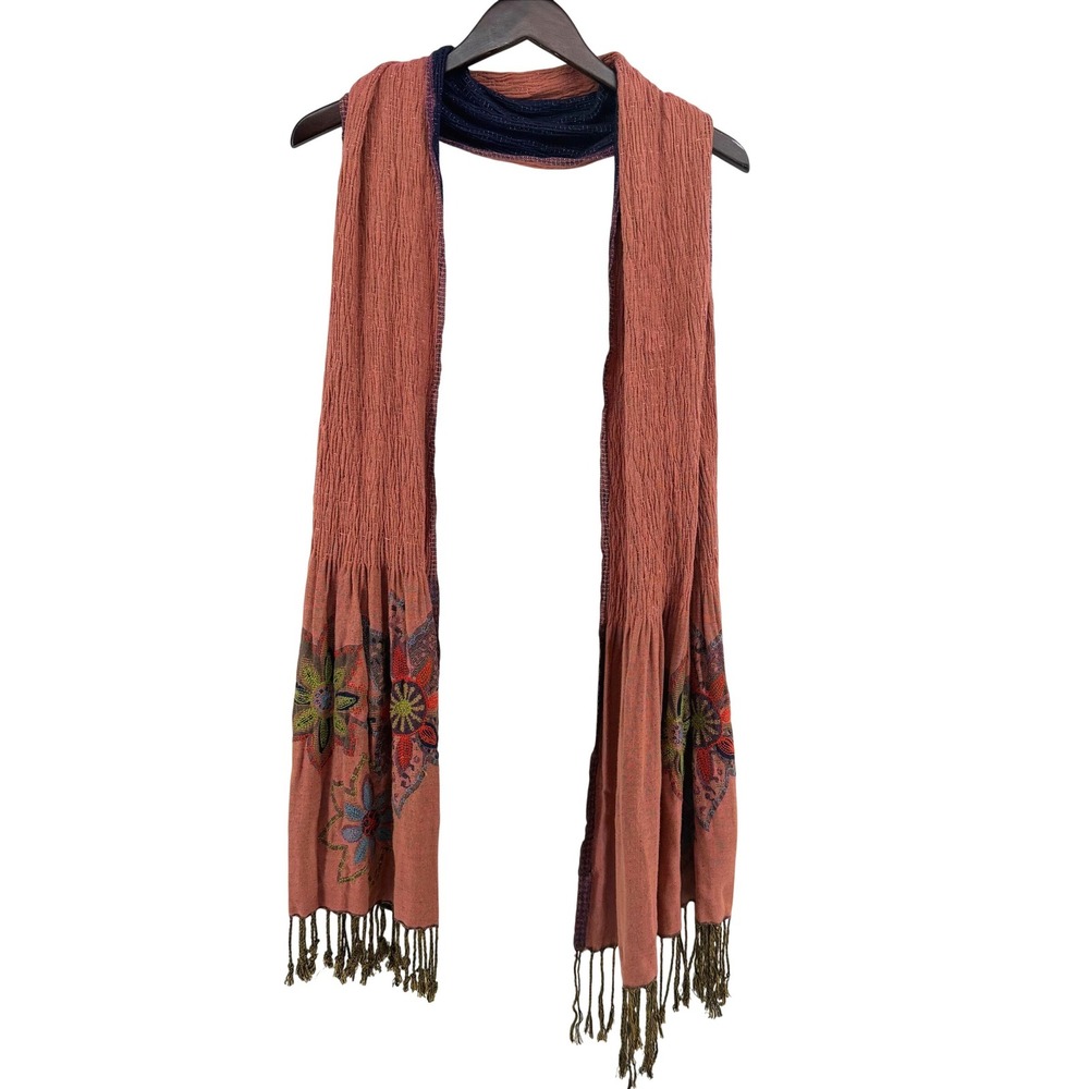 Rising Tide Reversible Scarf Terracotta Navy Blue Floral Embroidered Boho Fringe